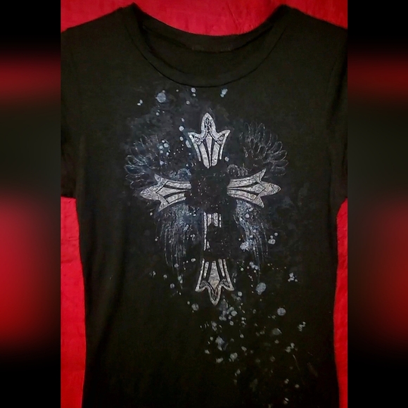 Vtg Y2K abbey dawn blk gothic cross metal red blood spatter mallgoth shirt L - Picture 4 of 17